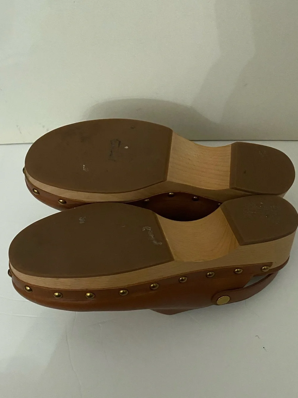 Women's Brown Leather Clog Mules with Studded Wood-Look Sole